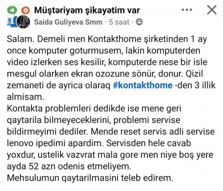 “Kontakt Home” müştəriyə yenə xarab məhsul satdı